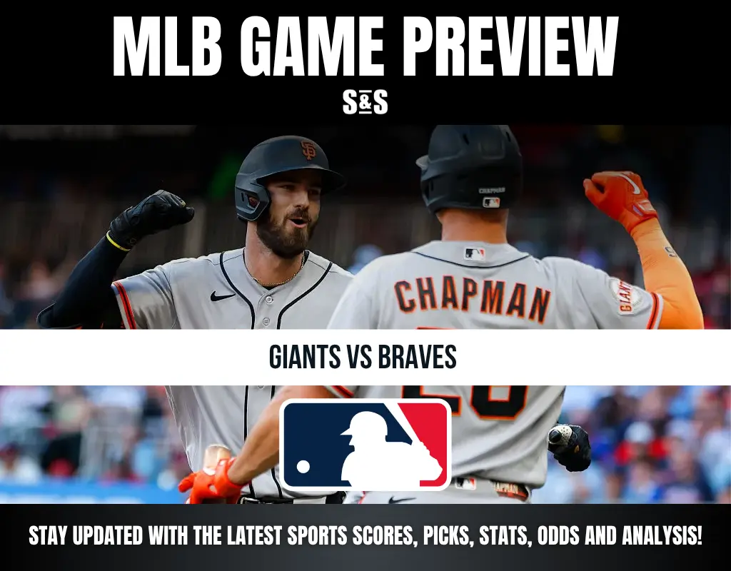 Two San Francisco Giants players celebrating during a MLB game preview for Giants vs Braves with MLB logo.