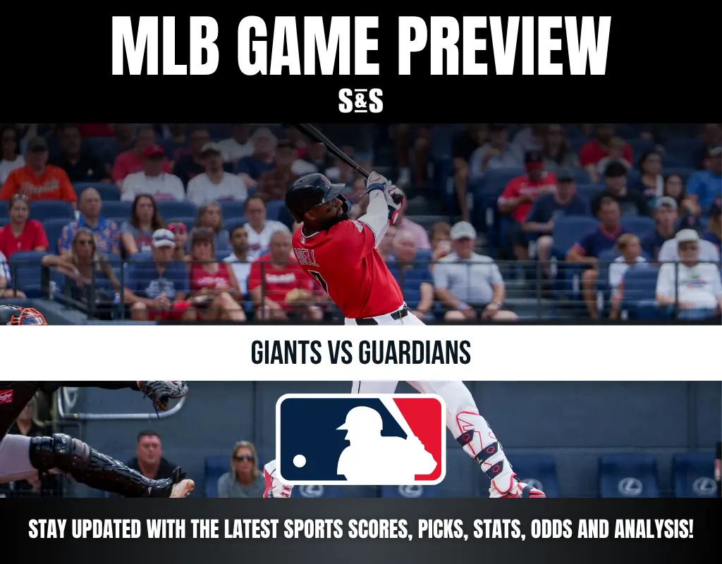 MLB Game Preview featuring a baseball player batting, with emphasis on the matchup between Giants vs Guardians and promotional text for staying updated on sports scores, picks, stats, odds, and analysis.