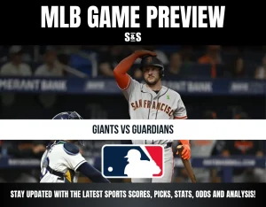 MLB game preview for Giants vs Guardians featuring a San Francisco Giants player at bat with MLB logo and sports updates text.