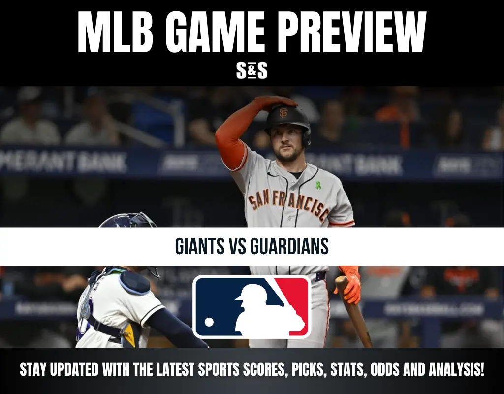 MLB game preview for Giants vs Guardians featuring a San Francisco Giants player at bat with MLB logo and sports updates text.