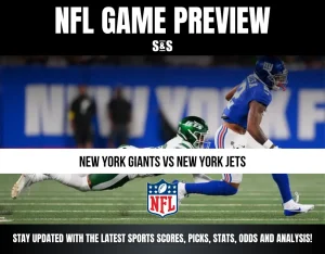 NFL game preview banner showing New York Giants player evading New York Jets defender on field with NFL logo.