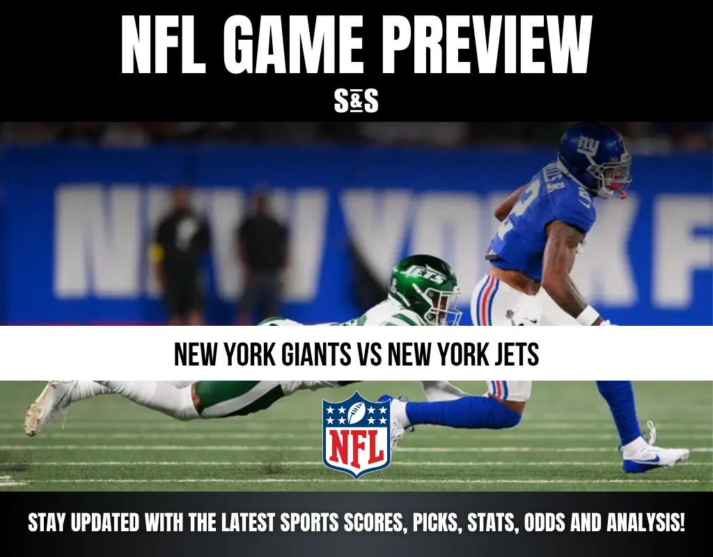 NFL game preview banner showing New York Giants player evading New York Jets defender on field with NFL logo.