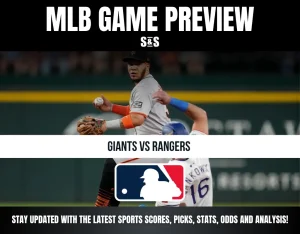 MLB game preview of Giants vs Rangers featuring a player fielding a ball and another sliding into base.