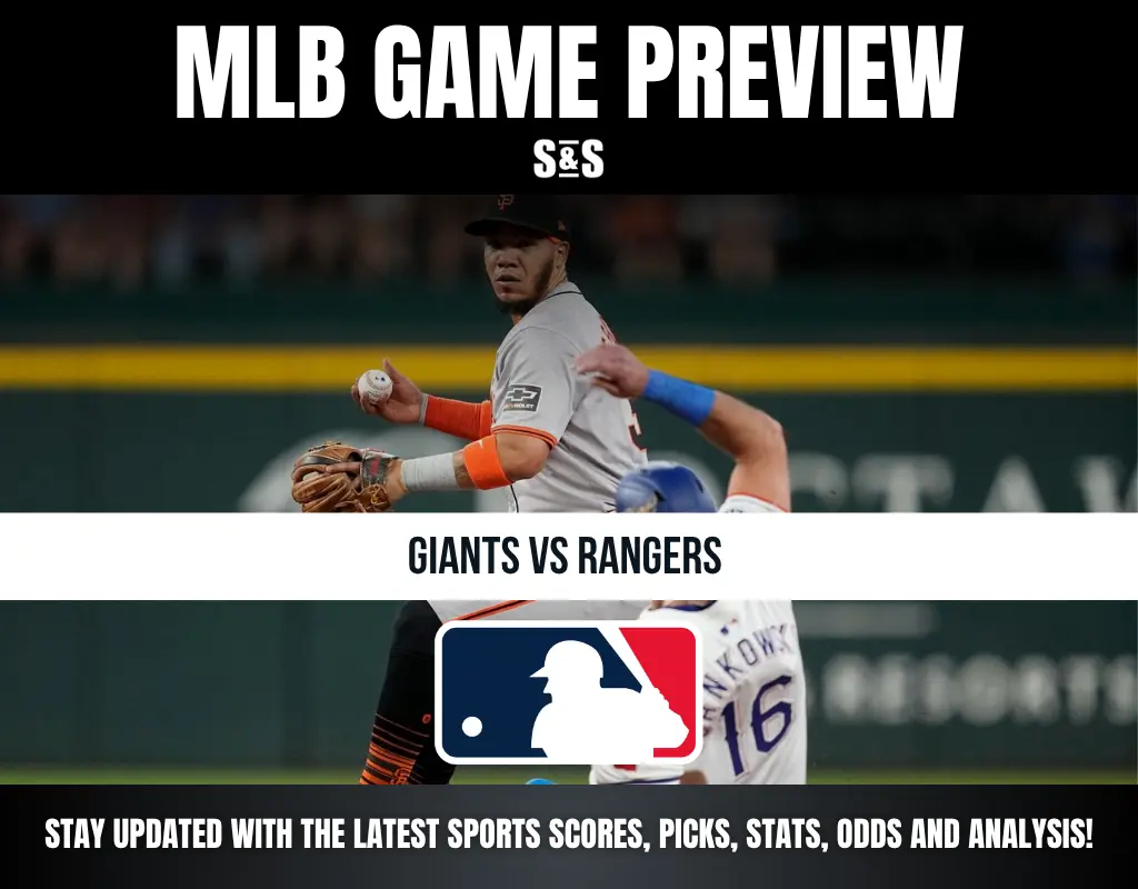 MLB game preview of Giants vs Rangers featuring a player fielding a ball and another sliding into base.