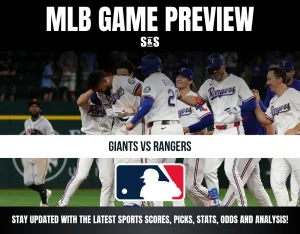 MLB game preview graphic showing Texas Rangers players celebrating on the field against the San Francisco Giants.