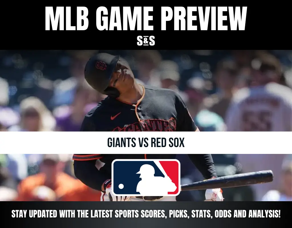 Baseball player in Giants uniform during MLB game preview for Giants vs Red Sox, with MLB logo and game update text.