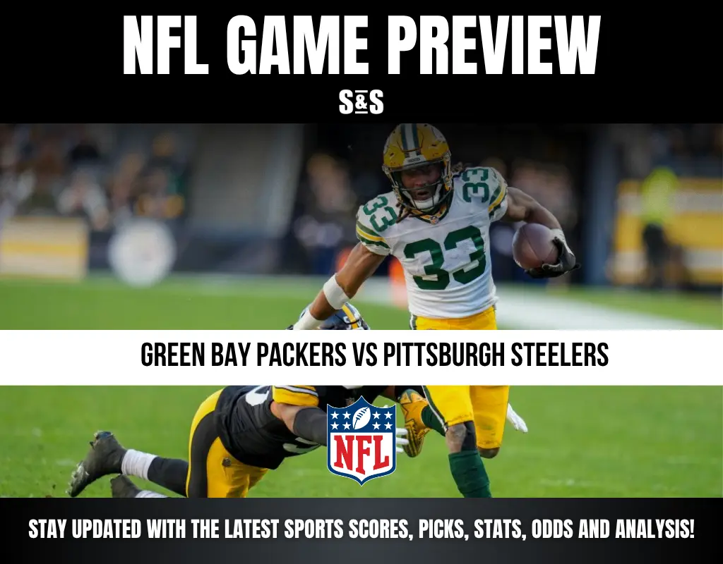 NFL Game Preview for Green Bay Packers vs Pittsburgh Steelers, featuring a player running with the ball.