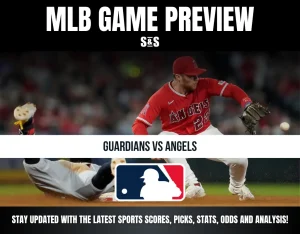 MLB game preview showing Guardians vs Angels with action shot of players and MLB logo, plus update info on scores, picks, stats, and odds.