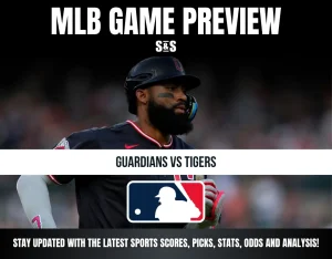 MLB game preview for Guardians vs Tigers featuring a player in a black helmet and uniform with MLB logo and game update details.