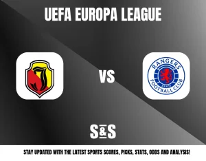UEFA Europa League logo featuring a matchup between the logos of an unspecified team and Rangers Football Club, with a note to stay updated with the latest sports scores, picks, stats, odds, and analysis.