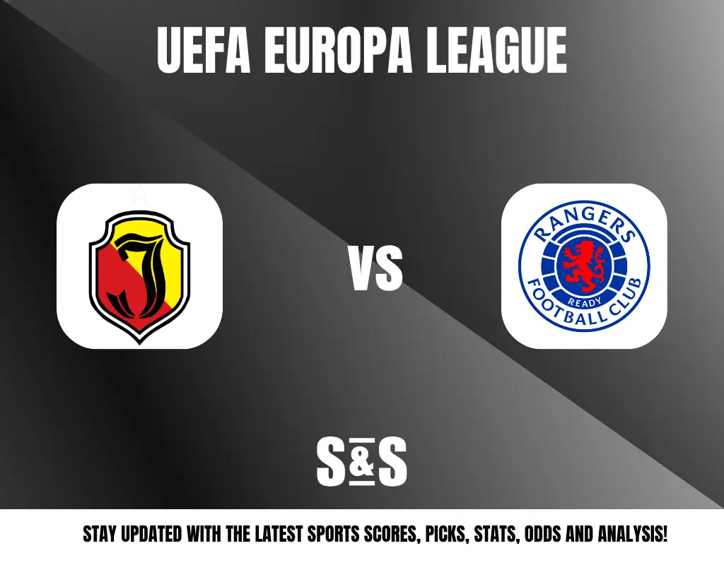 UEFA Europa League logo featuring a matchup between the logos of an unspecified team and Rangers Football Club, with a note to stay updated with the latest sports scores, picks, stats, odds, and analysis.