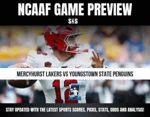 NCAAF game preview featuring Mercyhurst Lakers vs Youngstown State Penguins with a quarterback ready to throw the ball.