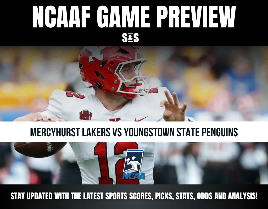 NCAAF game preview featuring Mercyhurst Lakers vs Youngstown State Penguins with a quarterback ready to throw the ball.