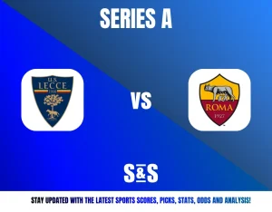 Serie A match announcement showing U.S. Lecce vs. Roma logos on a blue gradient background with sports update text.