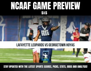 College football game preview for Lafayette Leopards vs Georgetown Hoyas with a player in a blue uniform signaling on the field.