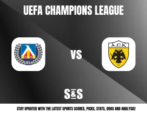 UEFA Champions League logo with team logos for FC Luch Energiya and AEK FC, featuring a matchup announcement. S&S branding for sports updates.