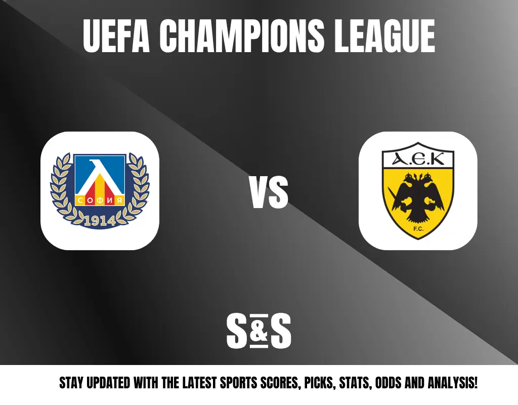UEFA Champions League logo with team logos for FC Luch Energiya and AEK FC, featuring a matchup announcement. S&S branding for sports updates.