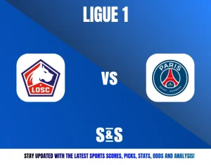Logos of Lille OSC and Paris Saint-Germain with "Ligue 1" and "vs" text on blue background for a football match announcement.