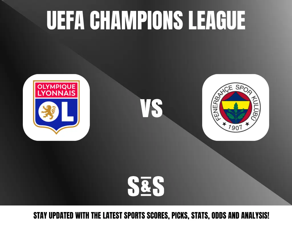UEFA Champions League match preview showing Olympique Lyonnais vs Fenerbahçe with a prompt to stay updated on sports scores and analysis.