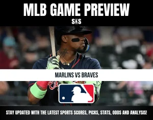 Baseball player at bat, with text overlay previewing MLB game between Marlins and Braves, with MLB logo and sports update note.