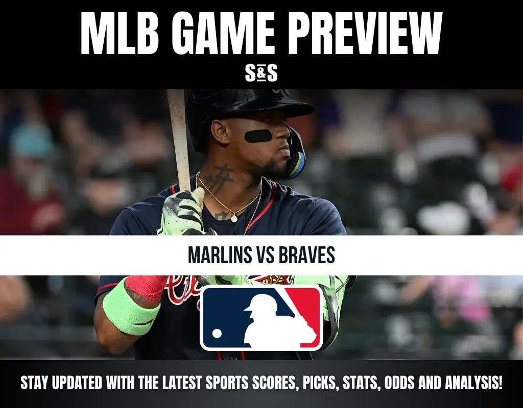 Baseball player at bat, with text overlay previewing MLB game between Marlins and Braves, with MLB logo and sports update note.