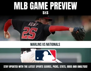 Baseball pitcher Kent (#25) throwing a pitch in a Marlins vs Nationals MLB game preview graphic.