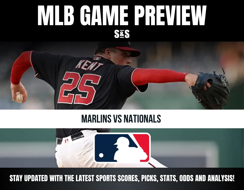 Baseball pitcher Kent (#25) throwing a pitch in a Marlins vs Nationals MLB game preview graphic.