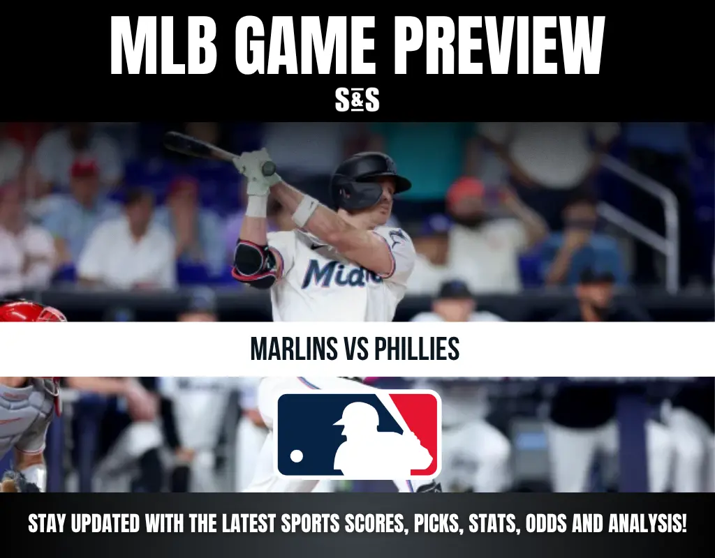 MLB game preview featuring Marlins vs Phillies with image of a Marlins batter mid-swing and MLB logo, promoting scores and analysis updates.