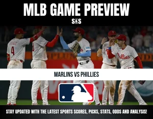 MLB game preview for Marlins vs Phillies featuring Phillies players high-fiving on the field, with MLB logo and match details.