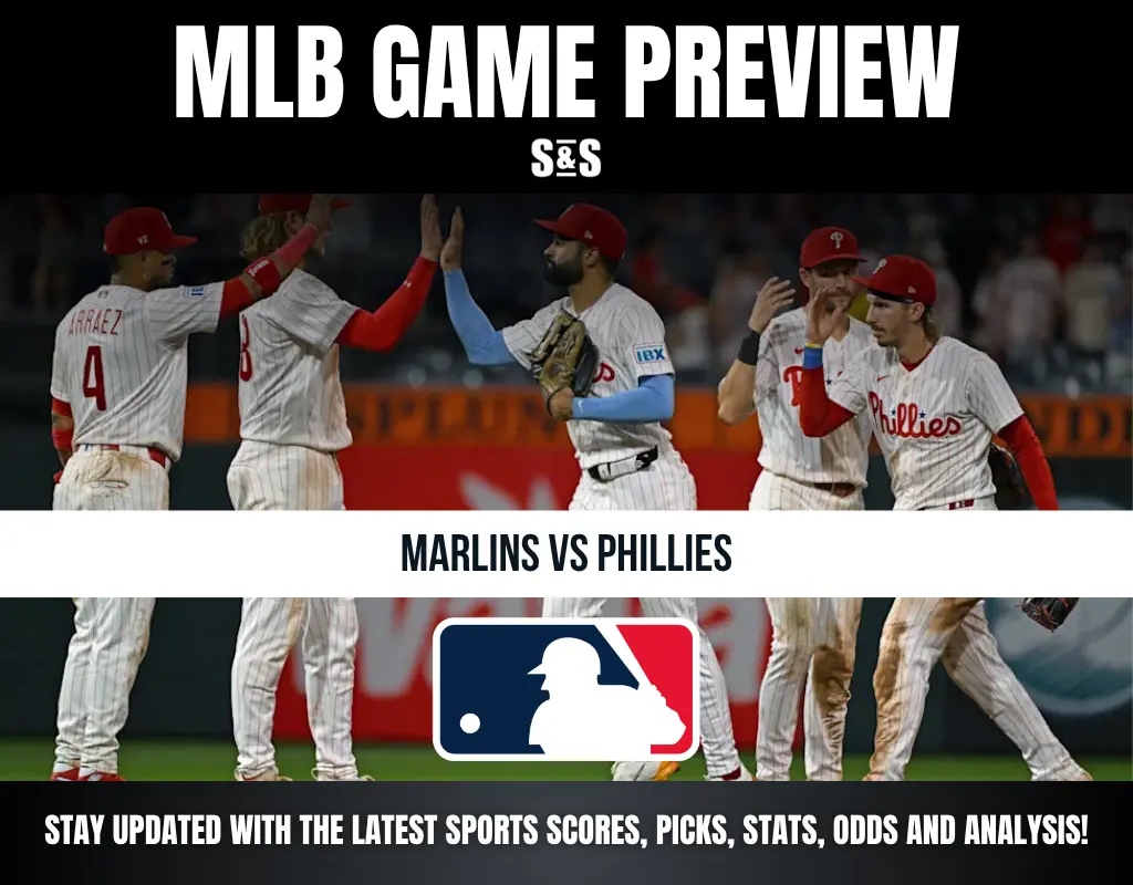 MLB game preview for Marlins vs Phillies featuring Phillies players high-fiving on the field, with MLB logo and match details.