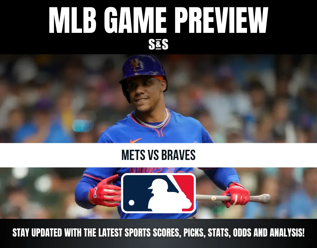 MLB game preview for Mets vs Braves with a Mets player in blue uniform holding a bat, featuring MLB logo and sports update text.