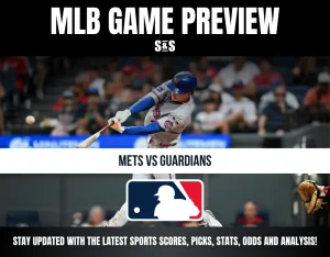 MLB game preview for Mets vs Guardians featuring a player hitting a baseball, with MLB logo and sports update text.