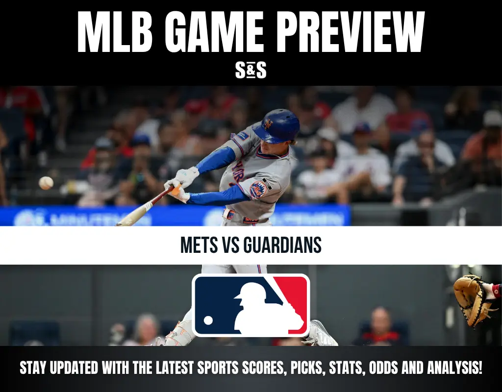 MLB game preview for Mets vs Guardians featuring a player hitting a baseball, with MLB logo and sports update text.