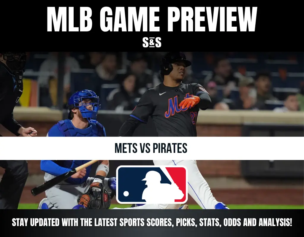 Baseball game preview for Mets vs Pirates featuring a batter swinging and a catcher ready behind home plate.