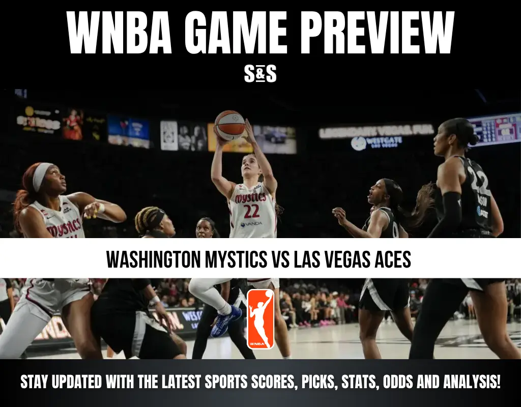 WNBA game preview featuring Washington Mystics player shooting over Las Vegas Aces defenders during a basketball match.