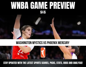 WNBA game preview for Washington Mystics vs Phoenix Mercury with players in action, including text about sports scores, picks, stats, odds, and analysis.