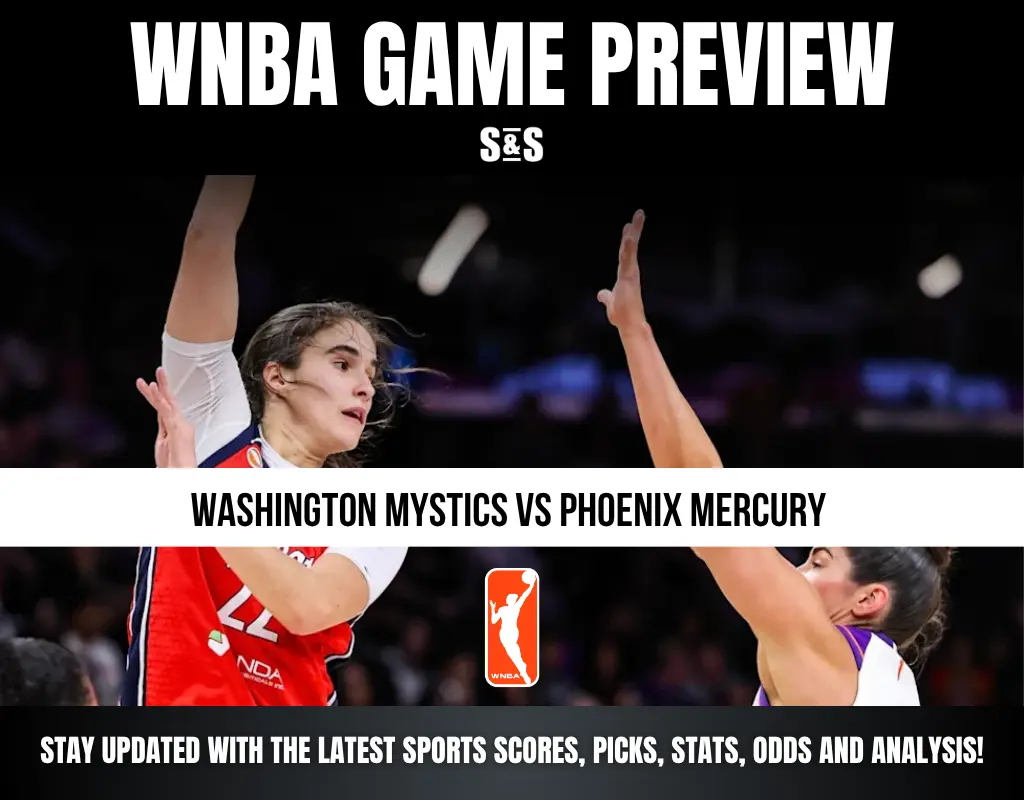 WNBA game preview for Washington Mystics vs Phoenix Mercury with players in action, including text about sports scores, picks, stats, odds, and analysis.