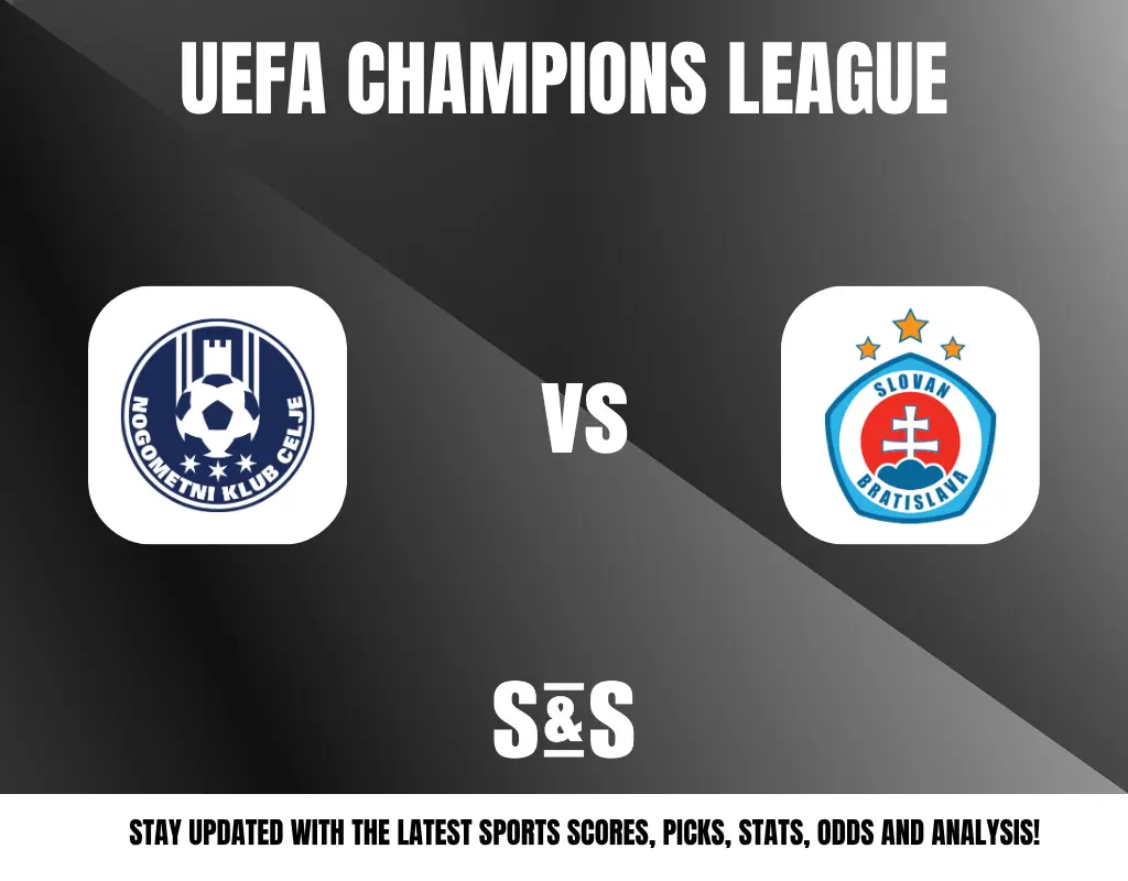 UEFA Champions League match promotion featuring Nogometni Klub Celje vs Slovan Bratislava logos on a gray gradient background.