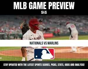 MLB game preview for Nationals vs Marlins with players on the field, featuring team names and league logo.