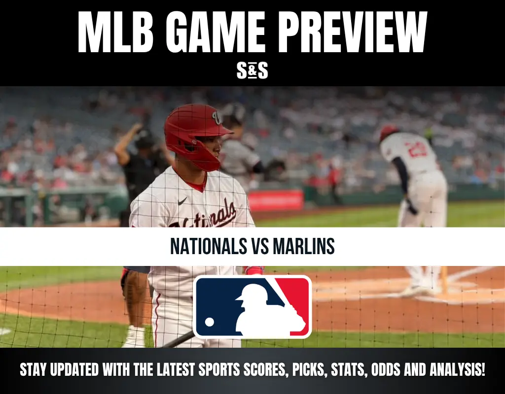 MLB game preview for Nationals vs Marlins with players on the field, featuring team names and league logo.