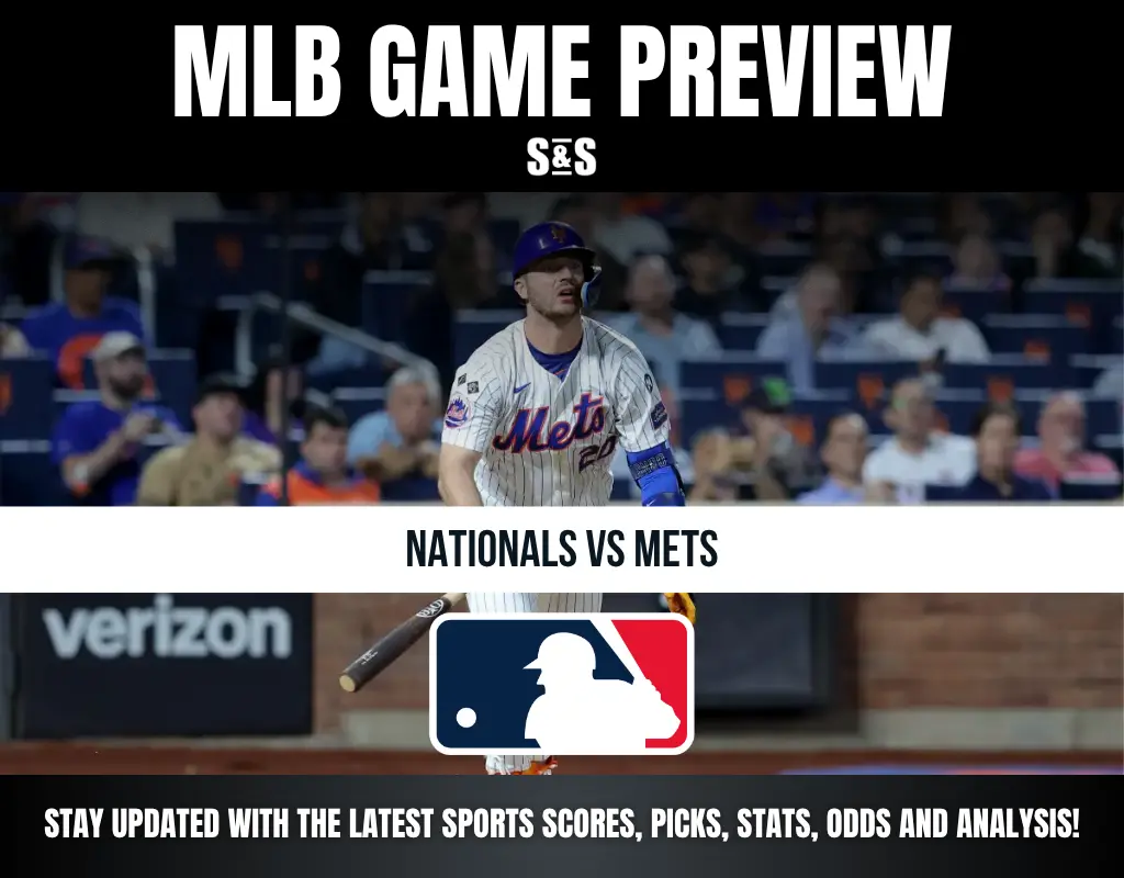 MLB game preview featuring Nationals vs Mets, with a player in action and a logo of Major League Baseball. Text includes a call to stay updated with scores, picks, stats, odds, and analysis.