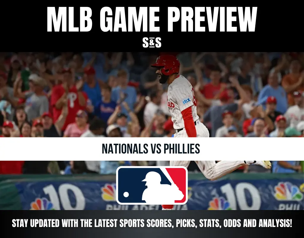 MLB game preview for Nationals vs Phillies with a player running and an enthusiastic crowd in the background.