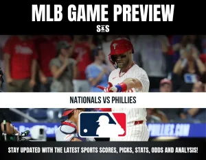 MLB game preview showing Nationals vs Phillies with a Phillies player celebrating at bat, and MLB logo in the center.