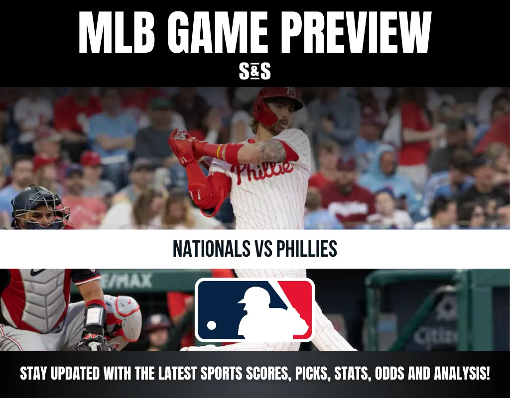 Baseball batter from the Phillies swings while Nationals catcher watches during MLB game preview for Nationals vs Phillies match.