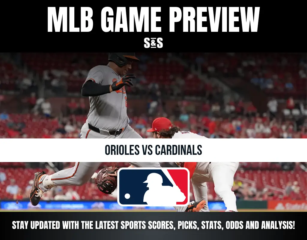 Baseball game preview graphic showing Orioles vs Cardinals with players in action and MLB logo.