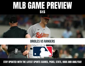 MLB Game Preview for Orioles vs Rangers, featuring a player and an umpire.