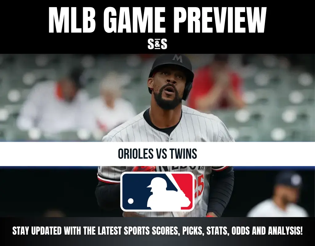 Alt text: MLB game preview for Orioles vs Twins with a player in white pinstriped jersey and baseball logo.