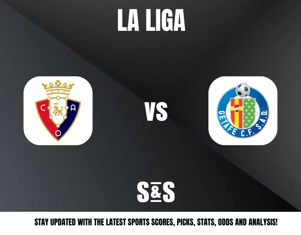 La Liga match promotion featuring CA Osasuna vs Getafe CF with logos on a dark background and sports updates text.