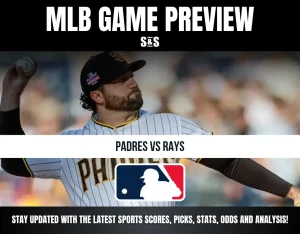 MLB Game Preview featuring Padres vs Rays, with a pitcher in the foreground and MLB logo at the bottom.