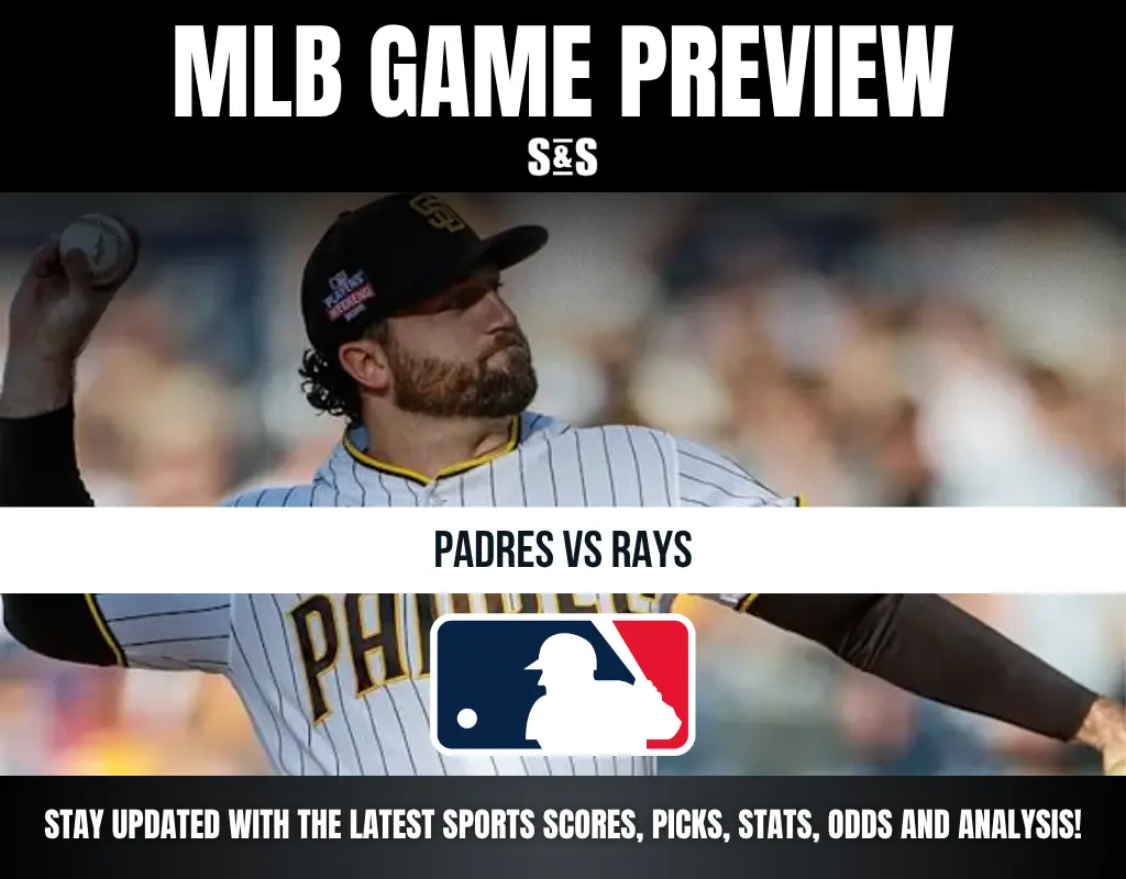 MLB Game Preview featuring Padres vs Rays, with a pitcher in the foreground and MLB logo at the bottom.